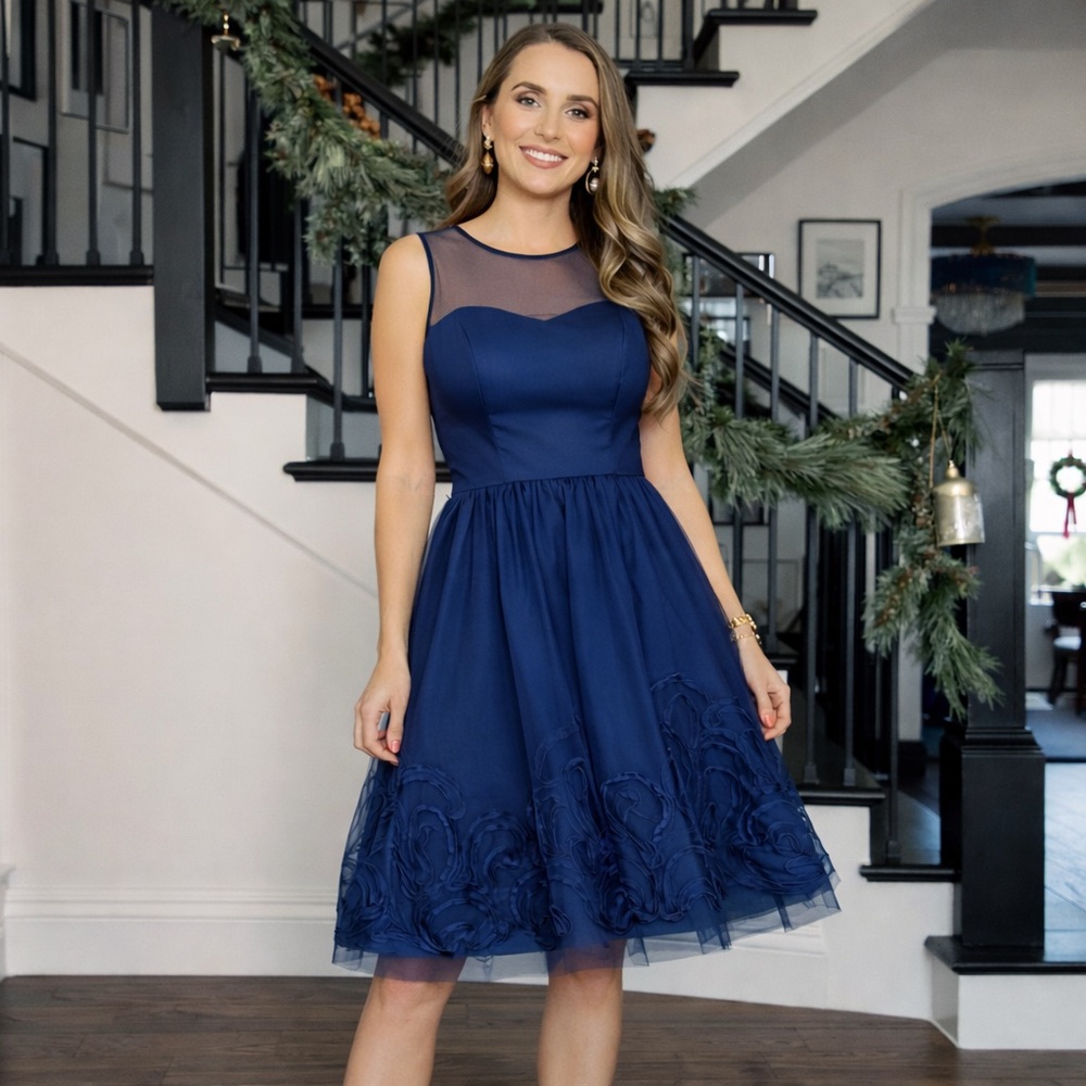 Eliza J Navy Mesh Illusion Bodice Cocktail Dress with Embroidered Hem Size S